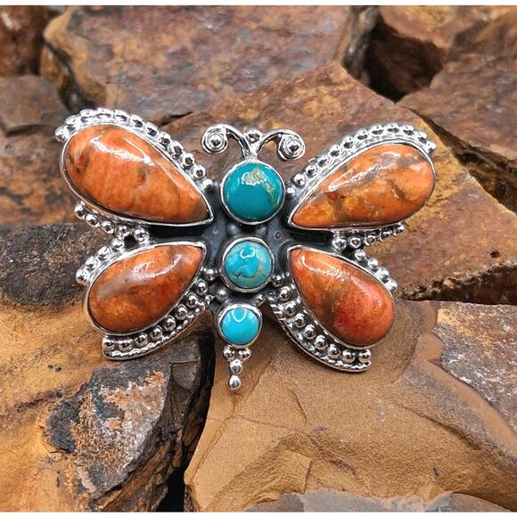 Southwestern Turquoise Spiny Oyster Ring Size 6-9 Butterfly Sterling Silver - Picture 2 of 10